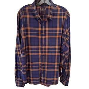 A/X Armani Exchange Men's Blue and Tan Button Down Long-Sleeved Shirt Size XL